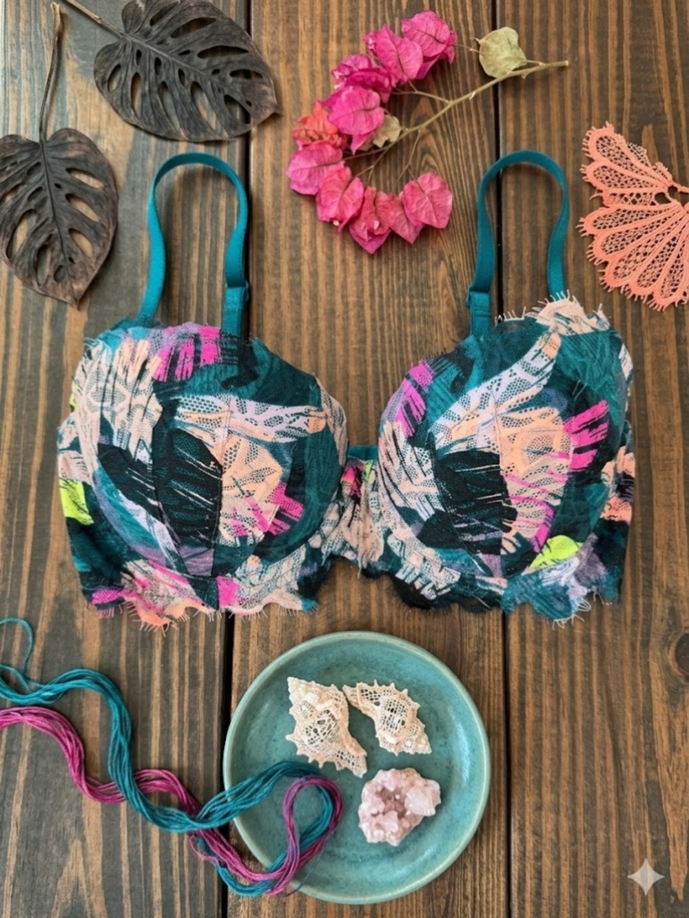 PINK Victoria's Secret Teal and Pink Patterned Bra